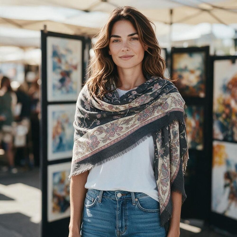 Vintage Made in Italy Floral Paisley Square Scarf Charcoal Gray Fringed 46x46